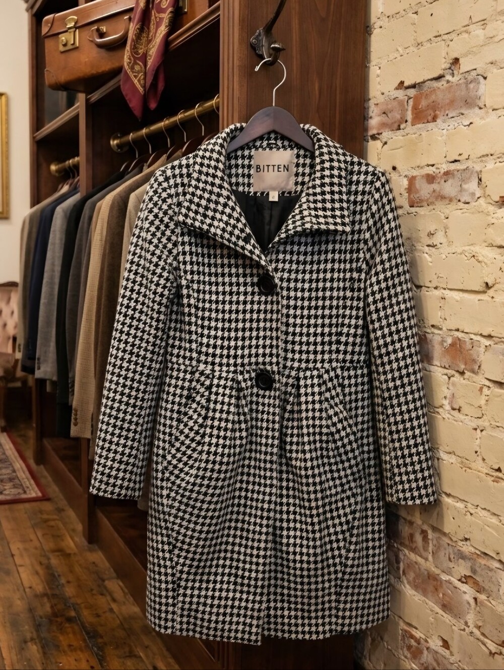 Y2K Bitten by SJP Houndstooth Pleated Trench Coat Small Dark Academia Retro
